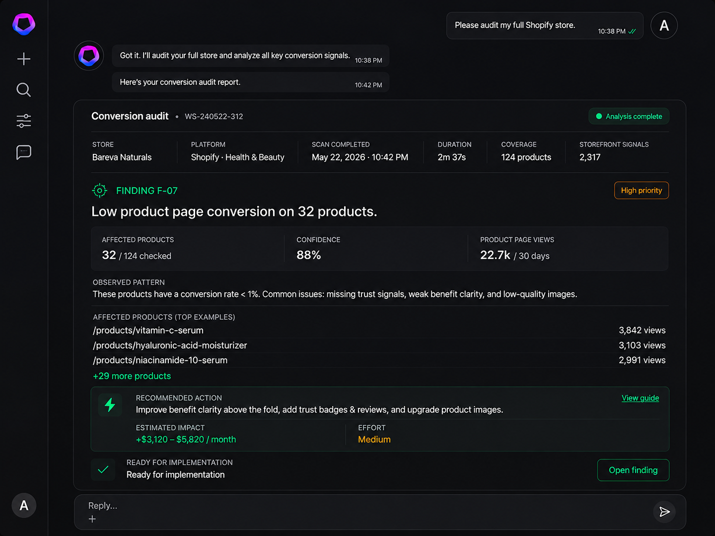 Winstoreai dashboard showing a completed Shopify conversion audit